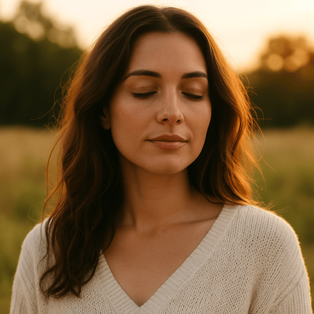 A young woman stands outdoors with her eyes closed, bathed in soft golden light, exuding peace and emotional clarity.