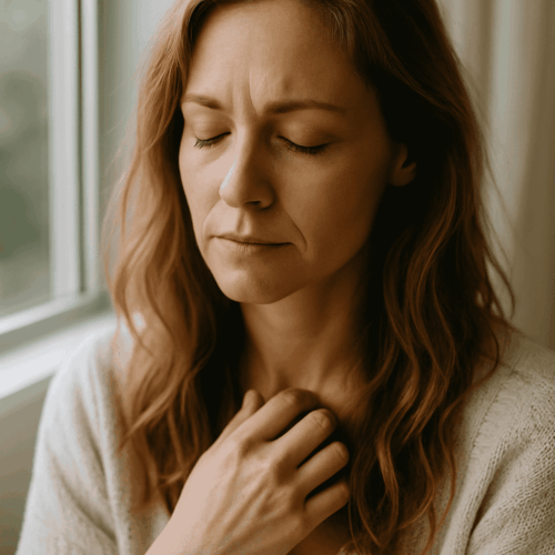 A woman with her eyes closed, sitting near a window, gently resting her hand on her chest in a moment of emotional stillness and reflection.