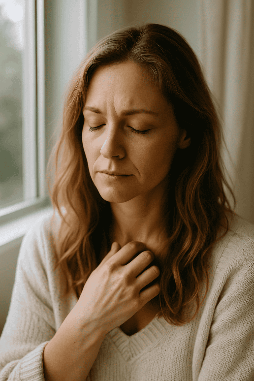 A woman with her eyes closed, sitting near a window, gently resting her hand on her chest in a moment of emotional stillness and reflection.